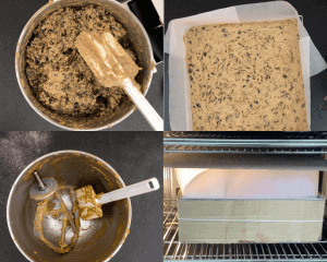 Four images of fruit cake being made and baked in oven